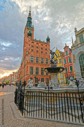 Neptune fountain at Old City Hall and Dlugi Square Gdansk