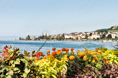 Flowers bloom in embankment of Geneva Lake in Montreux