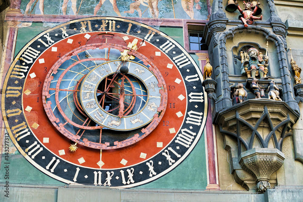 Fototapeta premium Fragment of Zytglogge clock in old city center of Bern