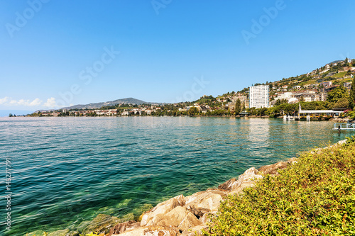 Panorama of Montreux Riviera in Geneva Lake