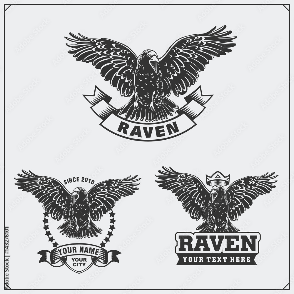 Obraz premium Raven heraldry coat of arms. Labels, emblems and design elements for sport club.