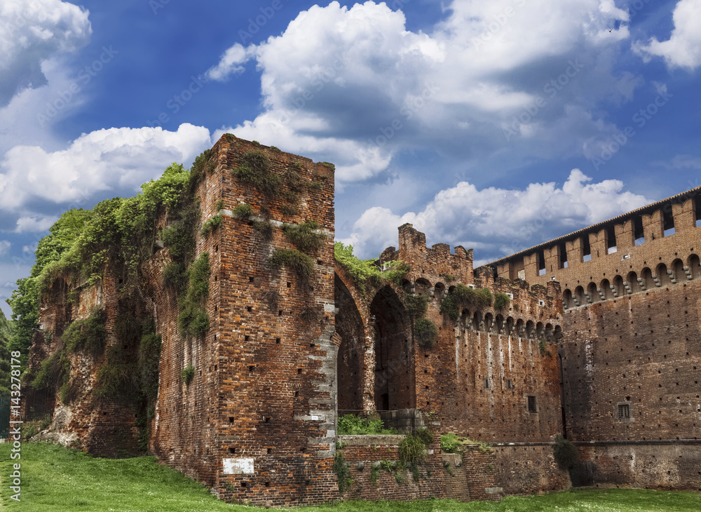 The walls of the medieval fortress of Sforzesco, Milan, Italy