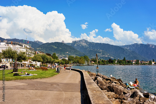 People at embankment on Geneva Lake in Vevey