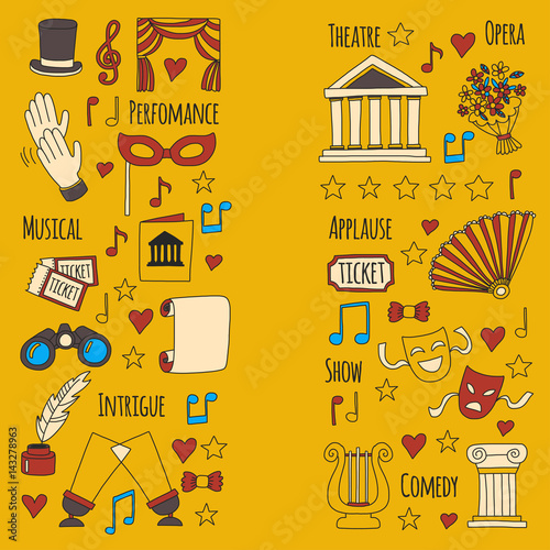 Hand drawn doodle Theatre set Vector illustration Sketchy theater icons Ticket Masks Lyra Flowers Curtain stage Musical notes Pointe shoes Make-up artist tools Theatre acting performance elements