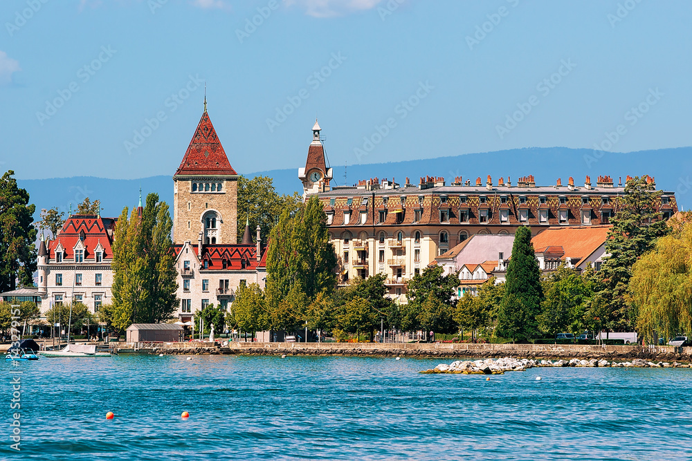 Chateau Ouchy at Lake Geneva quay in Lausanne