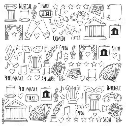 Hand drawn doodle Theatre set Vector illustration Sketchy theater icons Ticket Masks Lyra Flowers Curtain stage Musical notes Pointe shoes Make-up artist tools Theatre acting performance elements