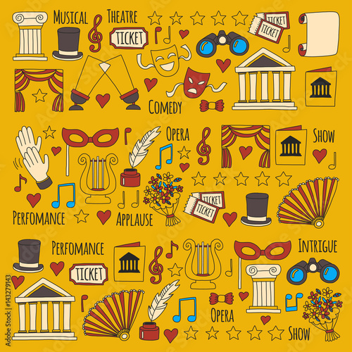 Hand drawn doodle Theatre set Vector illustration Sketchy theater icons Ticket Masks Lyra Flowers Curtain stage Musical notes Pointe shoes Make-up artist tools Theatre acting performance elements