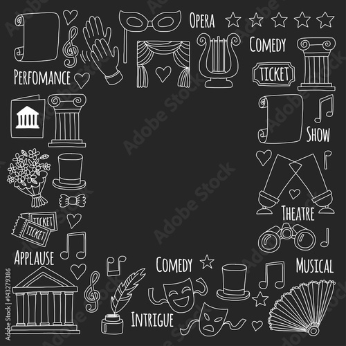 Wallpaper Mural Hand drawn doodle Theatre set Vector illustration Sketchy theater icons Ticket Masks Lyra Flowers Curtain stage Musical notes Pointe shoes Make-up artist tools Theatre acting performance elements Torontodigital.ca