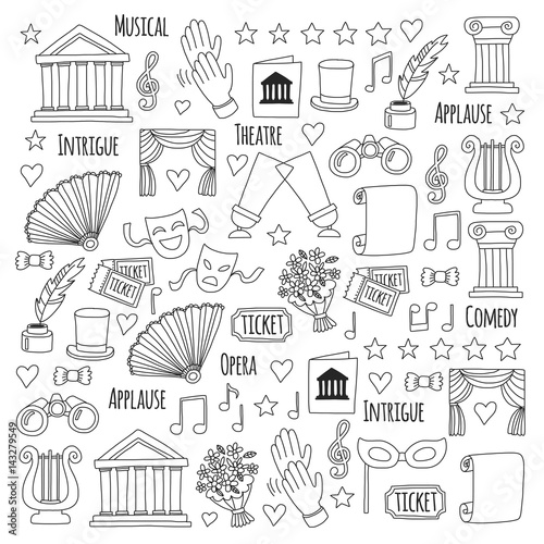 Hand drawn doodle Theatre set Vector illustration Sketchy theater icons Ticket Masks Lyra Flowers Curtain stage Musical notes Pointe shoes Make-up artist tools Theatre acting performance elements