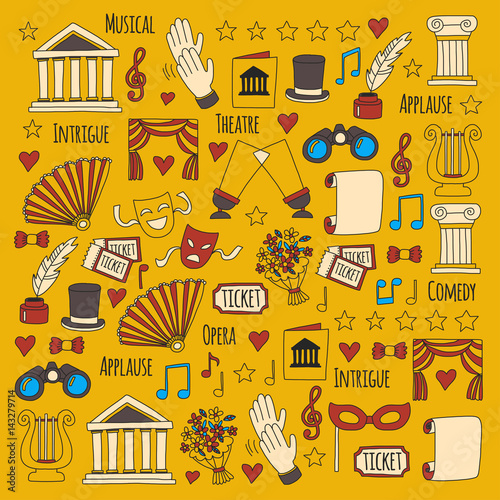 Hand drawn doodle Theatre set Vector illustration Sketchy theater icons Ticket Masks Lyra Flowers Curtain stage Musical notes Pointe shoes Make-up artist tools Theatre acting performance elements