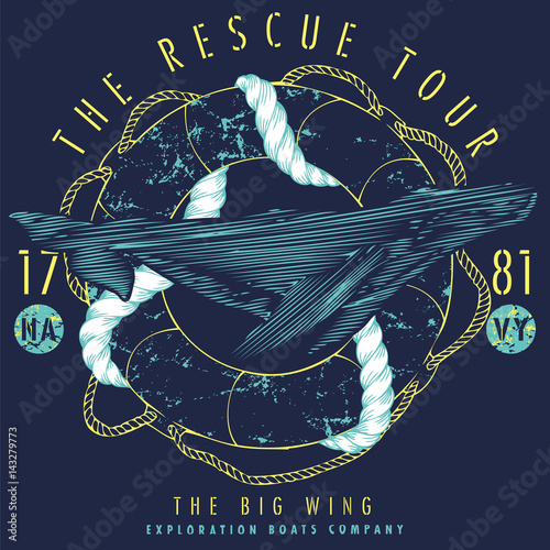 Whale in a life buoy in dark blue