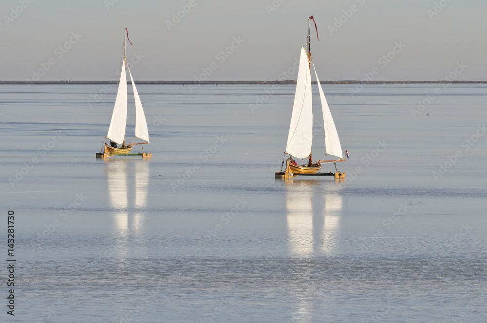 Marken, The Netherlands, 06 January-2009: ice sailing on a frozen lake on a beautiful sunny winter day