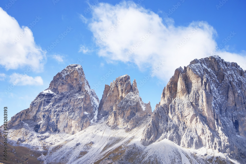 The Langkofel Group (in italian: Gruppo del Sassolungo) the massif mountain in the (western) Dolomites. View from Sella Pass. Italy, Europe. The Langkofel Group (in italian: Gruppo del Sassolungo) the massif mountain in the (western) Dolomites. View from Sella Pass. Italy, Europe.