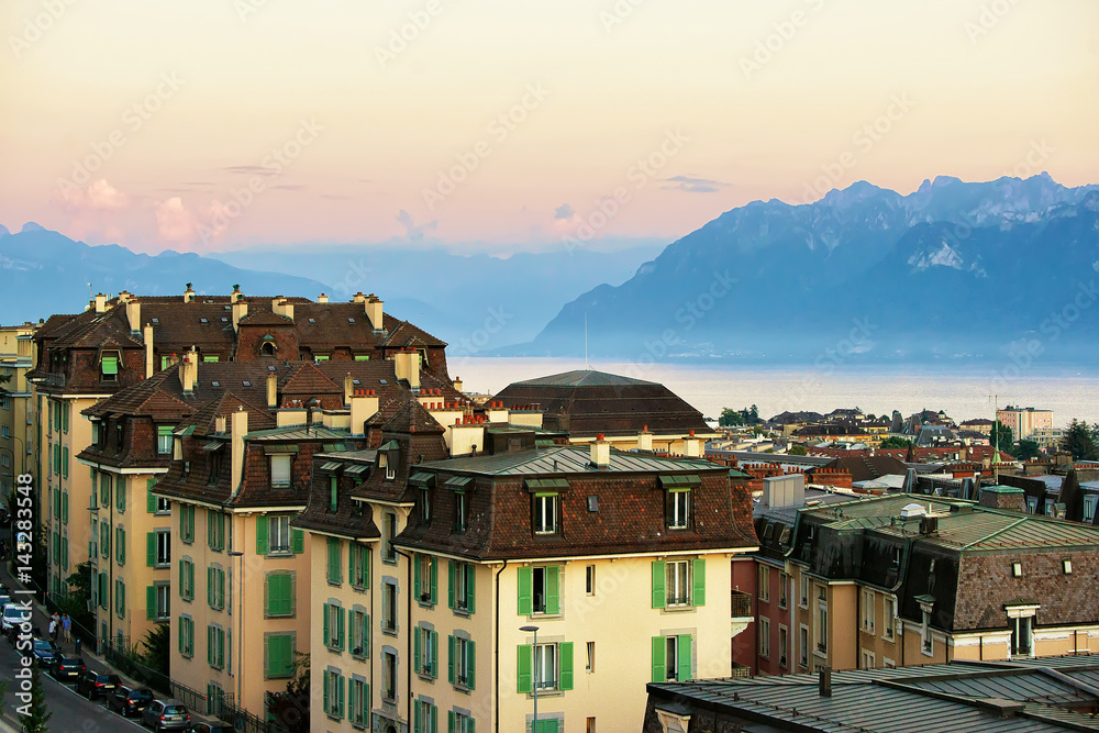 Chemin de Mornex and Alps in Lausanne at sunset