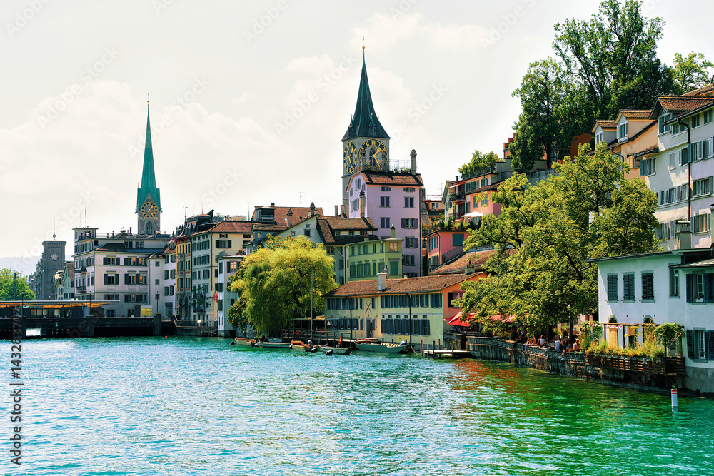 Limmat River quay and Saint Peter and Fraumunster Zurich