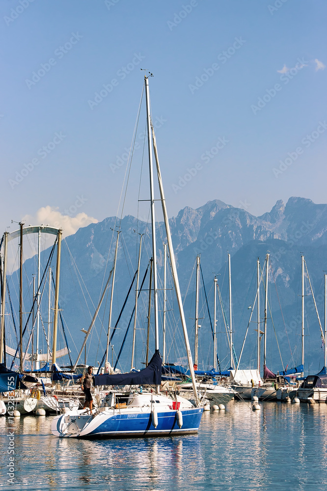 Marina and yachts on Lake Geneva in Lausanne of Switzerland