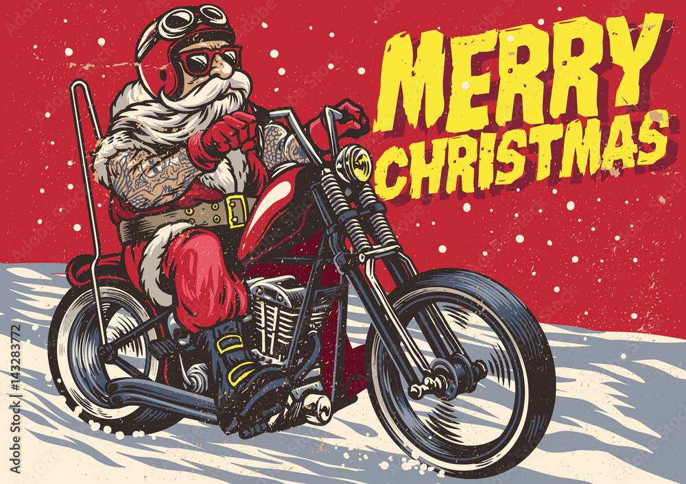 Fototapeta Starszy rowerzysta ma na sobie kostium Świętego Mikołaja i jedzie motocyklem chopper