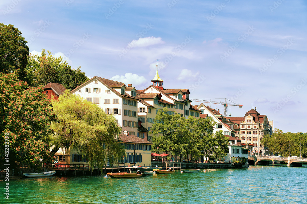 Old Buildings and Limmat Quay in Zurich