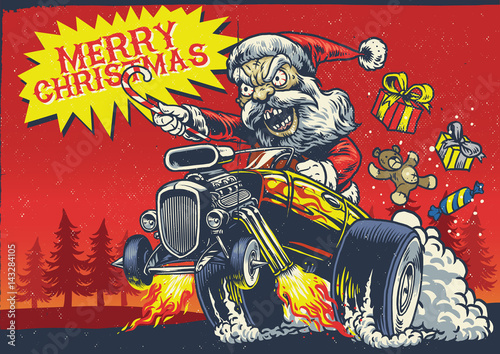 santa driving crazy a hot rod car