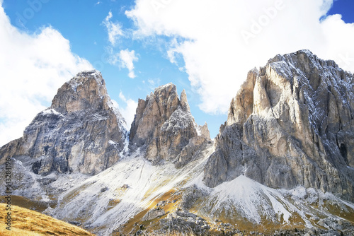 The Langkofel Group  in italian  Gruppo del Sassolungo  the massif mountain in the  western  Dolomites. View from Sella Pass. Italy  Europe.