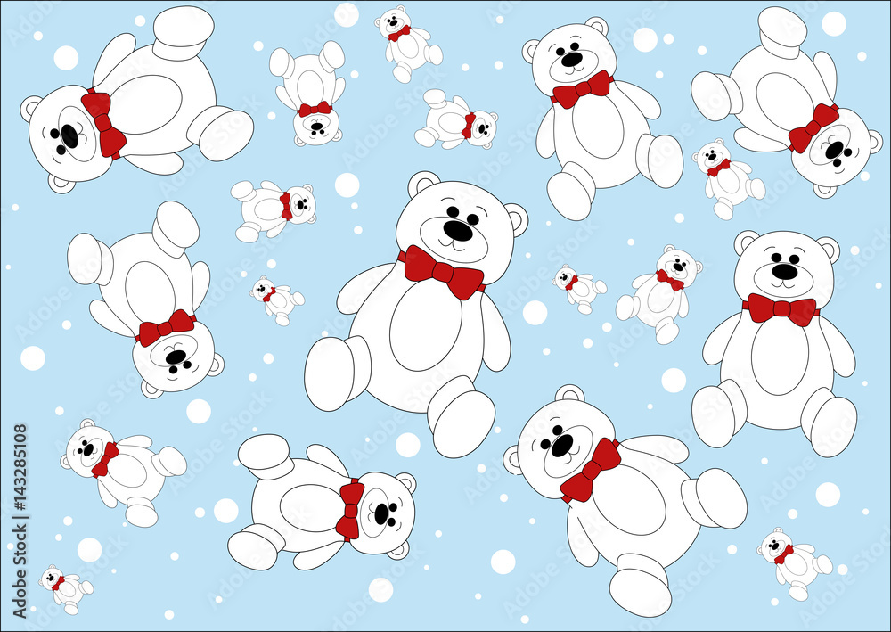 White bear with red bow on lihgt blue background