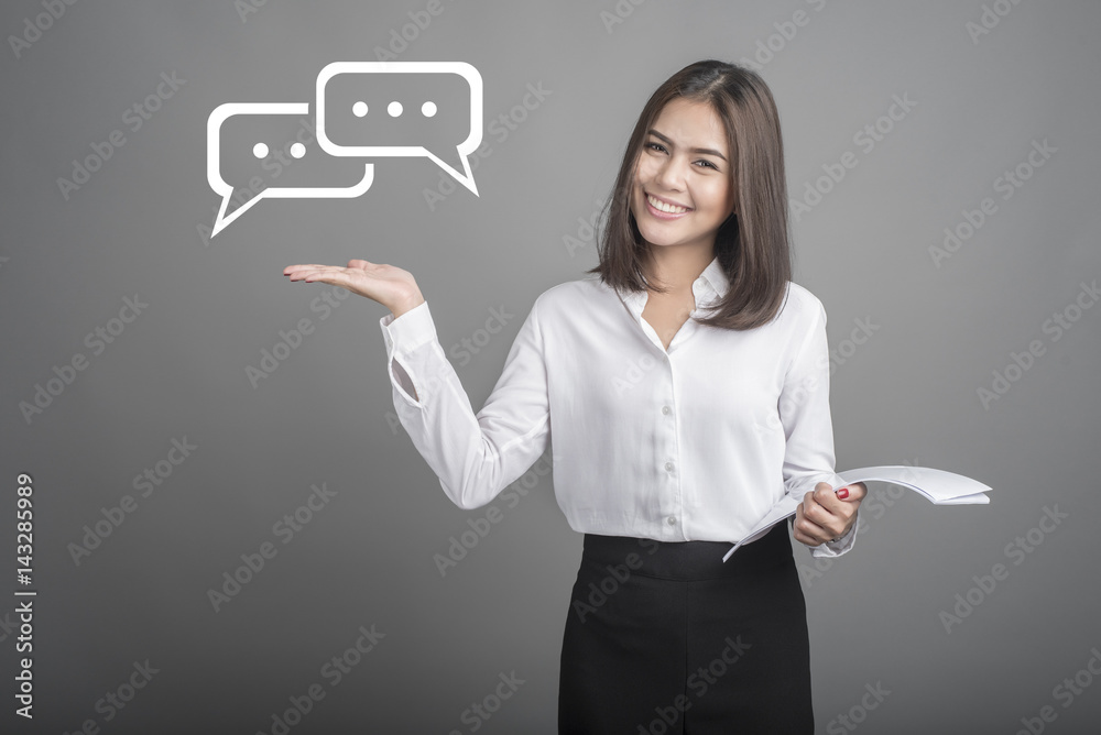businesswoman with chat icon businesswoman with chat icon