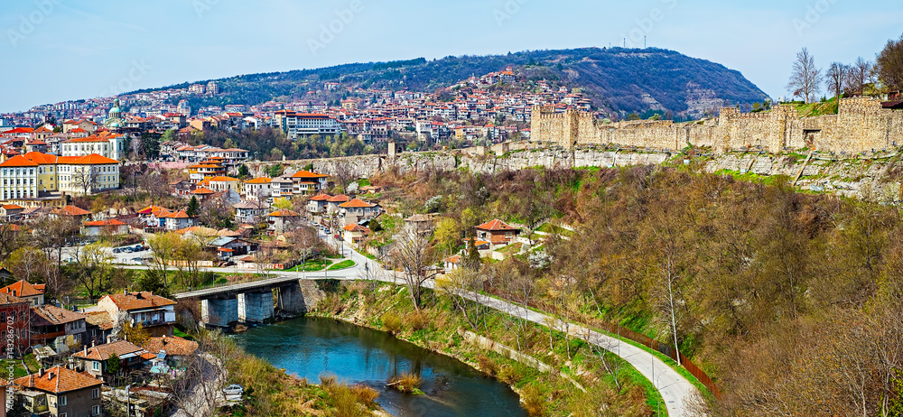 The fortress walls of Tsarevets castle, Yantra river and Veliko Tarnovo city, Bulgaria