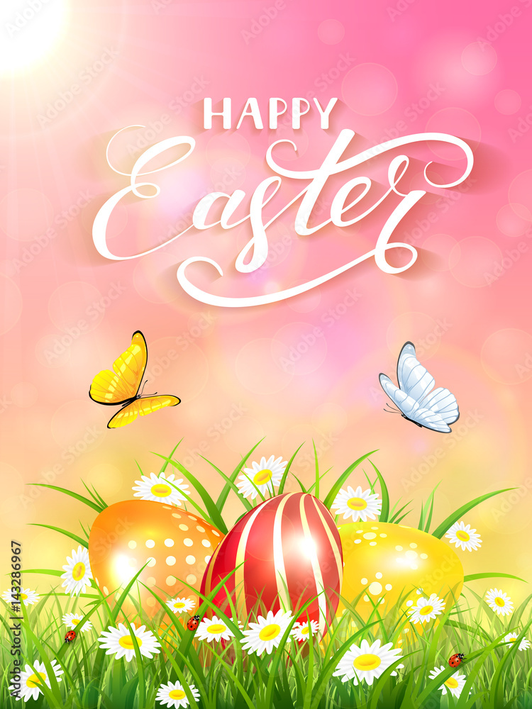 Pink background with butterflies and three Easter eggs in grass