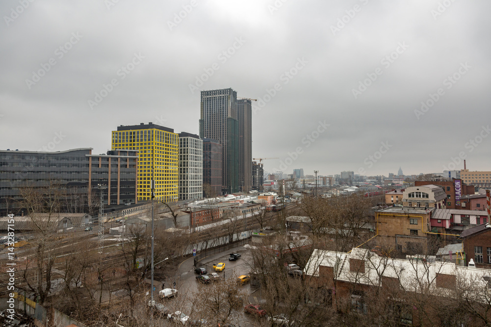 MOSCOW, RUSSIA - APRIL 02, 2017: View from the roof of Mechanized Bakery №9 in the industrial part of the city in cloudy weather