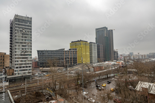 MOSCOW, RUSSIA - APRIL 02, 2017: View from the roof of Mechanized Bakery №9 in the industrial part of the city in cloudy weather photo