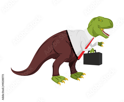 Tyrannosaurus businessman. Dino Boss. Chief with case is prehistoric dinosaur. Ancient lizard in suit