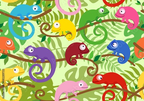 Seamless pattern with cute  colored chameleons. Vector illustration.