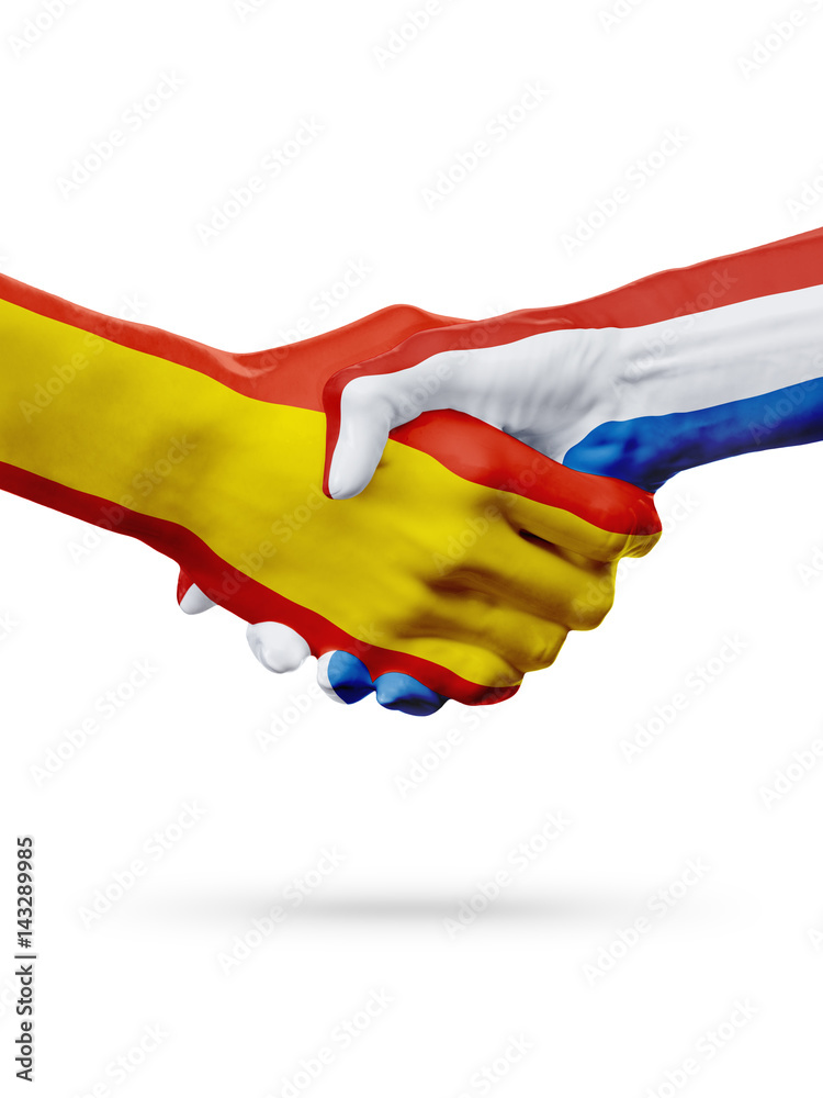 Flags Spain, Netherlands countries, partnership friendship handshake concept. Flags Spain, Netherlands countries, partnership friendship handshake concept.