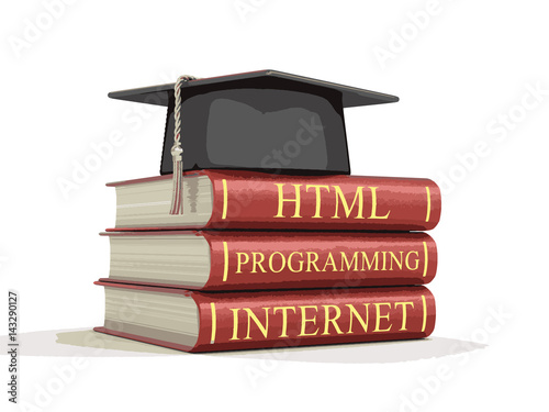 Graduation cap and Stack of books. Image with clipping path 