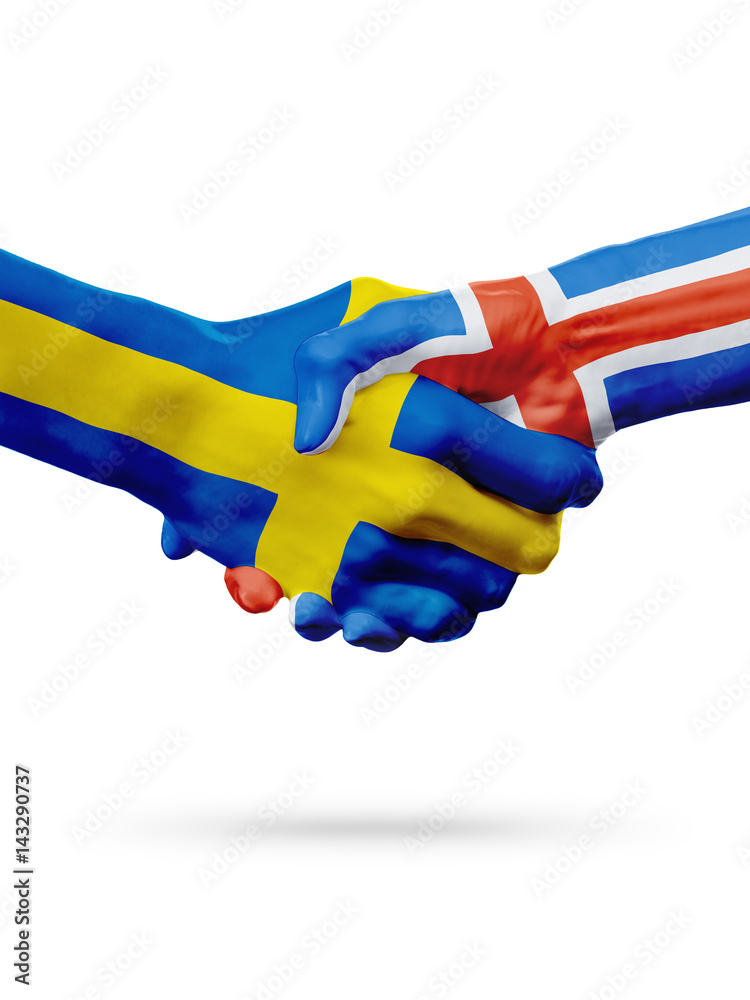 Flags Sweden, Iceland countries, partnership friendship handshake concept. Flags Sweden, Iceland countries, partnership friendship handshake concept.