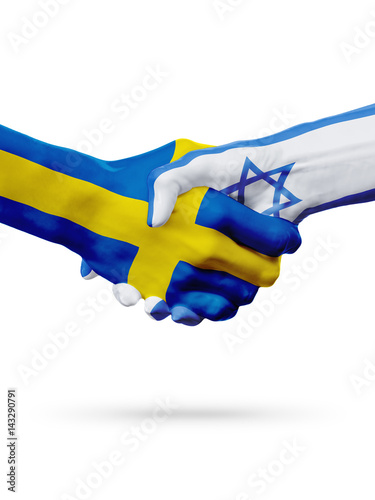 Flags Sweden, Israel countries, partnership friendship handshake concept.