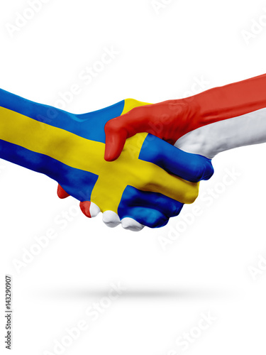 Flags Sweden, Monaco countries, partnership friendship handshake concept.