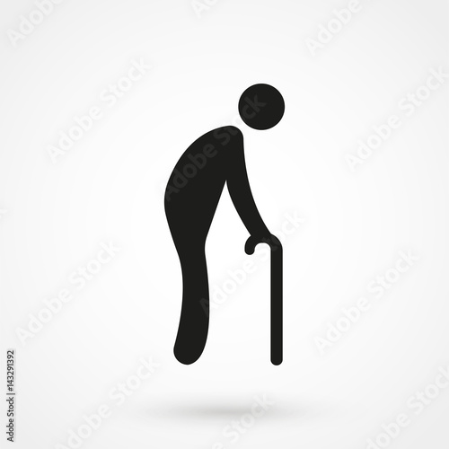 Weak hunched old man with a cane black silhouette flat vector icon