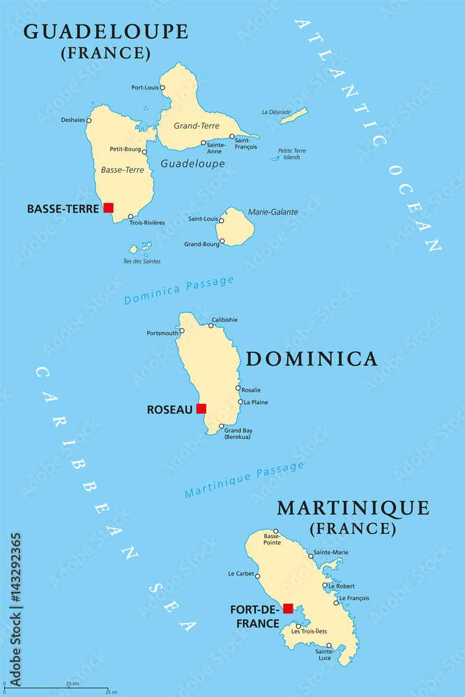 Guadeloupe, Dominica and Martinique political map with capitals Basse