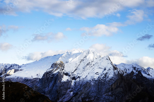 The ridge of Marmolada mountain in autumn. Marmolada (3343 m) is a mountain in northeastern Italy, the highest mountain of the Dolomites range, Italy, Europe 