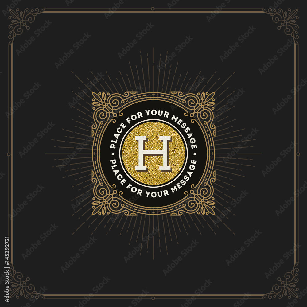 Naklejka premium Flourishes glitter gold monogram logo. Vector illustration.