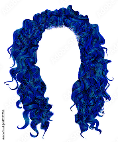 long curly hairs dark blue  colors .  beauty fashion style . wig .
