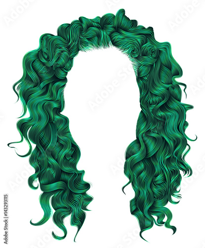 long curly hairs green  colors .  beauty fashion style . wig .
