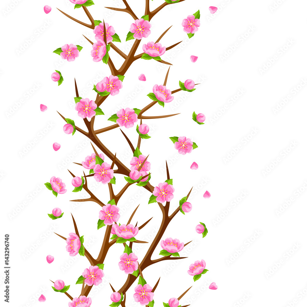 Spring seamless pattern with branches of tree and sakura flowers. Seasonal illustration