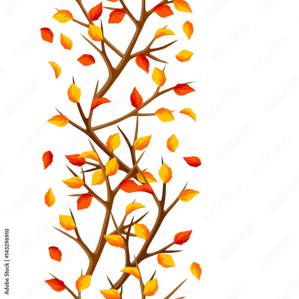 Autumn seamless pattern with branches of tree and yellow leaves. Seasonal illustration