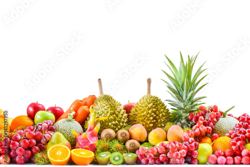 Group of tropical fresh fruits and vegetables isolated on white background  Group of ripe fruits for eating healthy