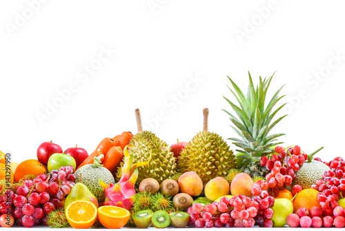 Fototapeta Naklejka Na Ścianę i Meble -  Group of tropical fresh fruits and vegetables isolated on white background, Group of ripe fruits for eating healthy