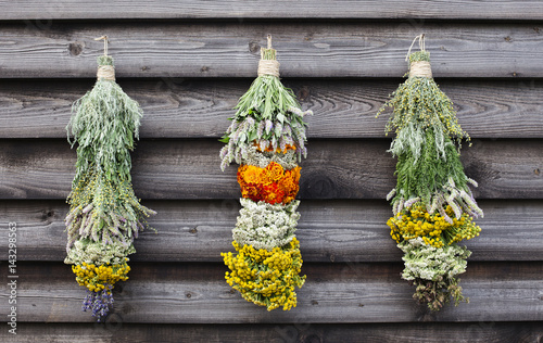 Assorted hanging Herbs on an old wooden background. Seasoning concept.