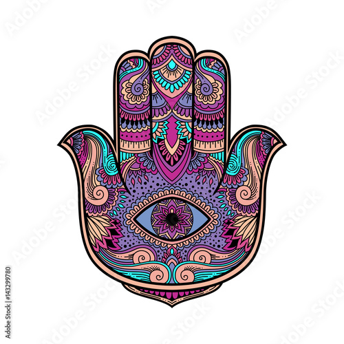 multicolored illustration of a hamsa hand symbol. Hand of Fatima religious sign with all seeing eye. Vintage boho style. Vector illustration in doodle zen tangle style