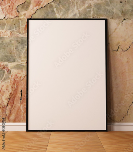 Mock up poster, standing on a wooden floor against a wall of marble. 3d illustration. 3D rendering